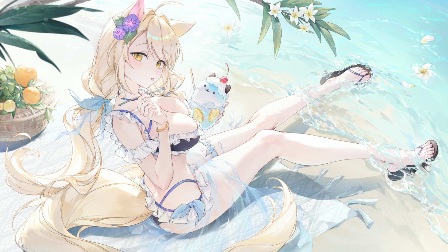 animal_ears bikini chap_sal_! cream_(kkyuang) detexted garter nekomimi photoshop see_through swimsuits tail wallpaper wet