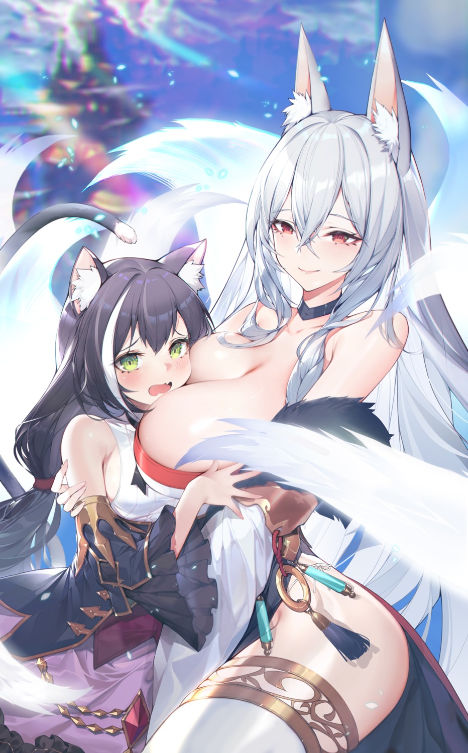 animal_ears breast_hold calder karyl_(princess_connect) kitsune nekomimi no_bra pantsu princess_connect princess_connect!_re:dive skirt_lift string_panties tail thighhighs