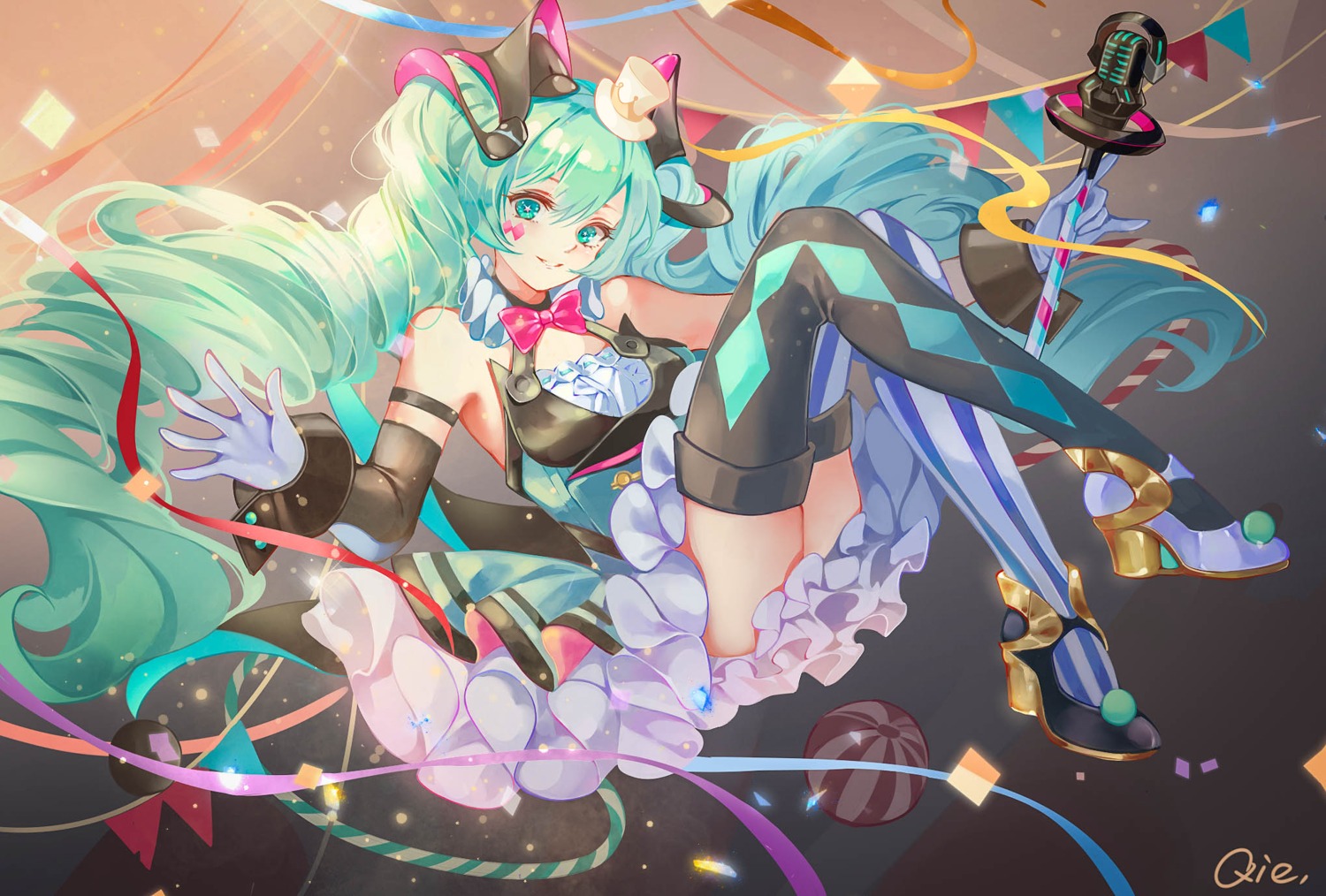 hatsune_miku heels magical_mirai qie_(25832912) skirt_lift thighhighs vocaloid