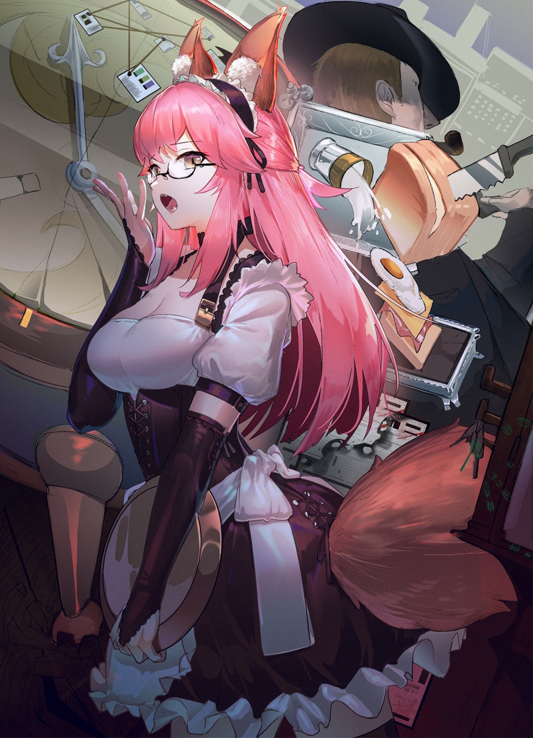 animal_ears fate/grand_order kitsune luomo maid megane tail tamamo_no_mae thighhighs