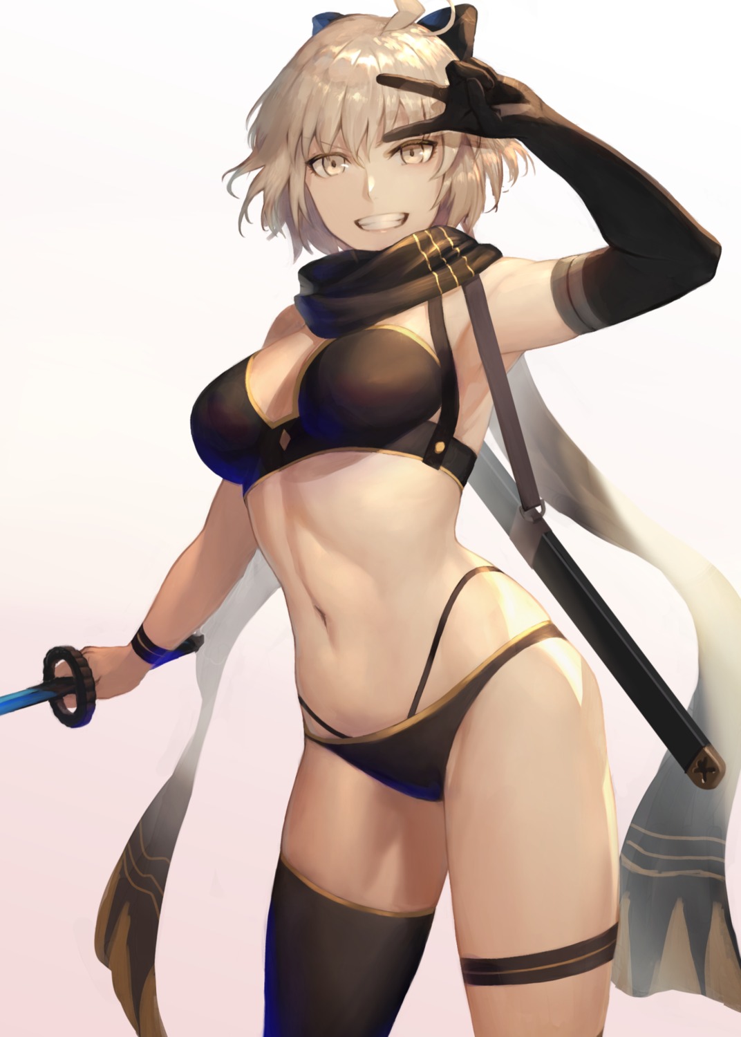 bikini cleavage fate/grand_order garter okita_souji_(fate) peperon swimsuits sword thighhighs