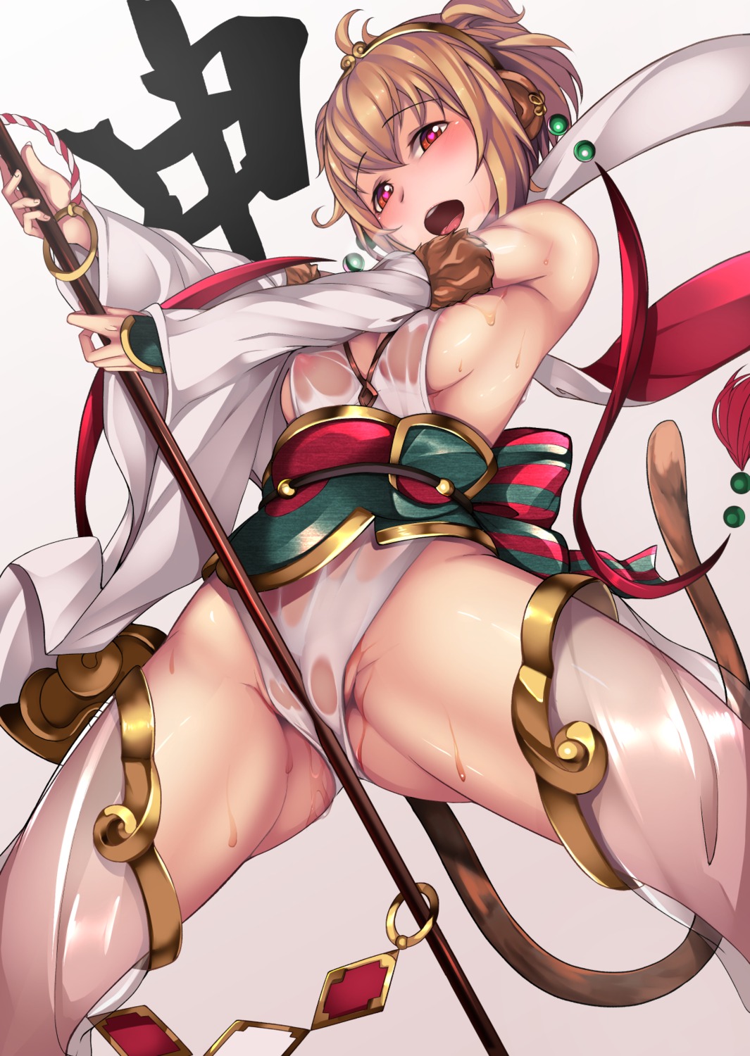 andira_(granblue_fantasy) areola erect_nipples granblue_fantasy masturbation naraku734 no_bra nopan pussy_juice see_through tail thighhighs wet_clothes