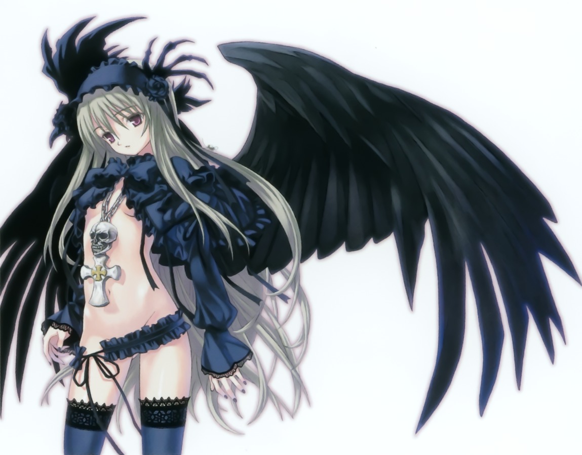 bottomless gothic_lolita lolita_fashion matsuryuu no_bra nopan rozen_maiden suigintou thighhighs underboob wings