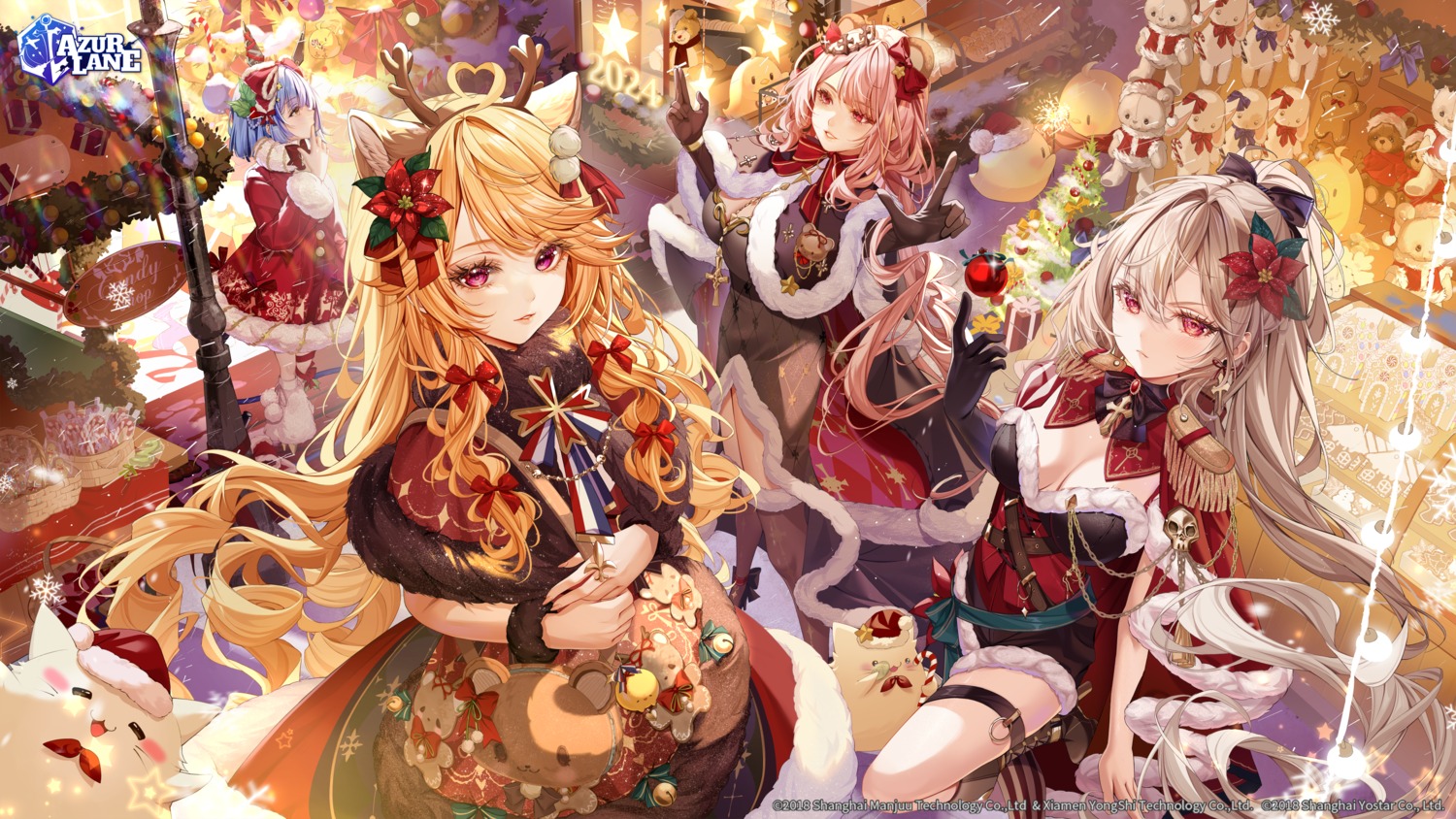 animal_ears azur_lane christmas clemenceau_(azur_lane) dress garter gascogne_(azur_lane) horns isari_sensei jean_bart_(azur_lane) manjuu_(azur_lane) meowfficer_(azur_lane) no_bra richelieu_(azur_lane) thighhighs uniform