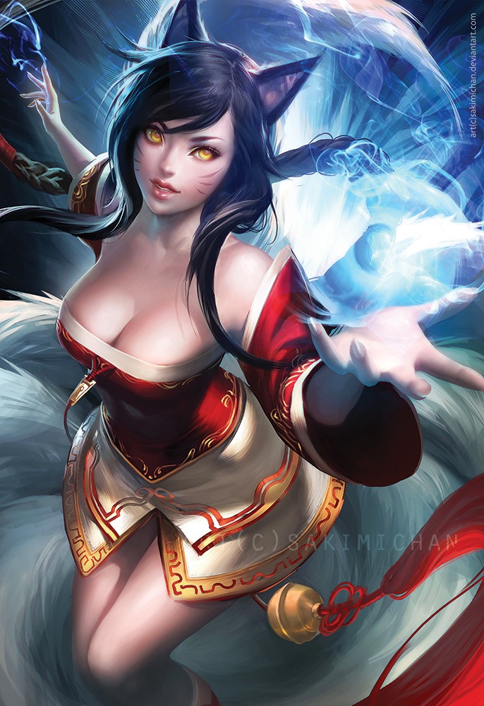 ahri animal_ears cleavage league_of_legends official_watermark sakimichan tail
