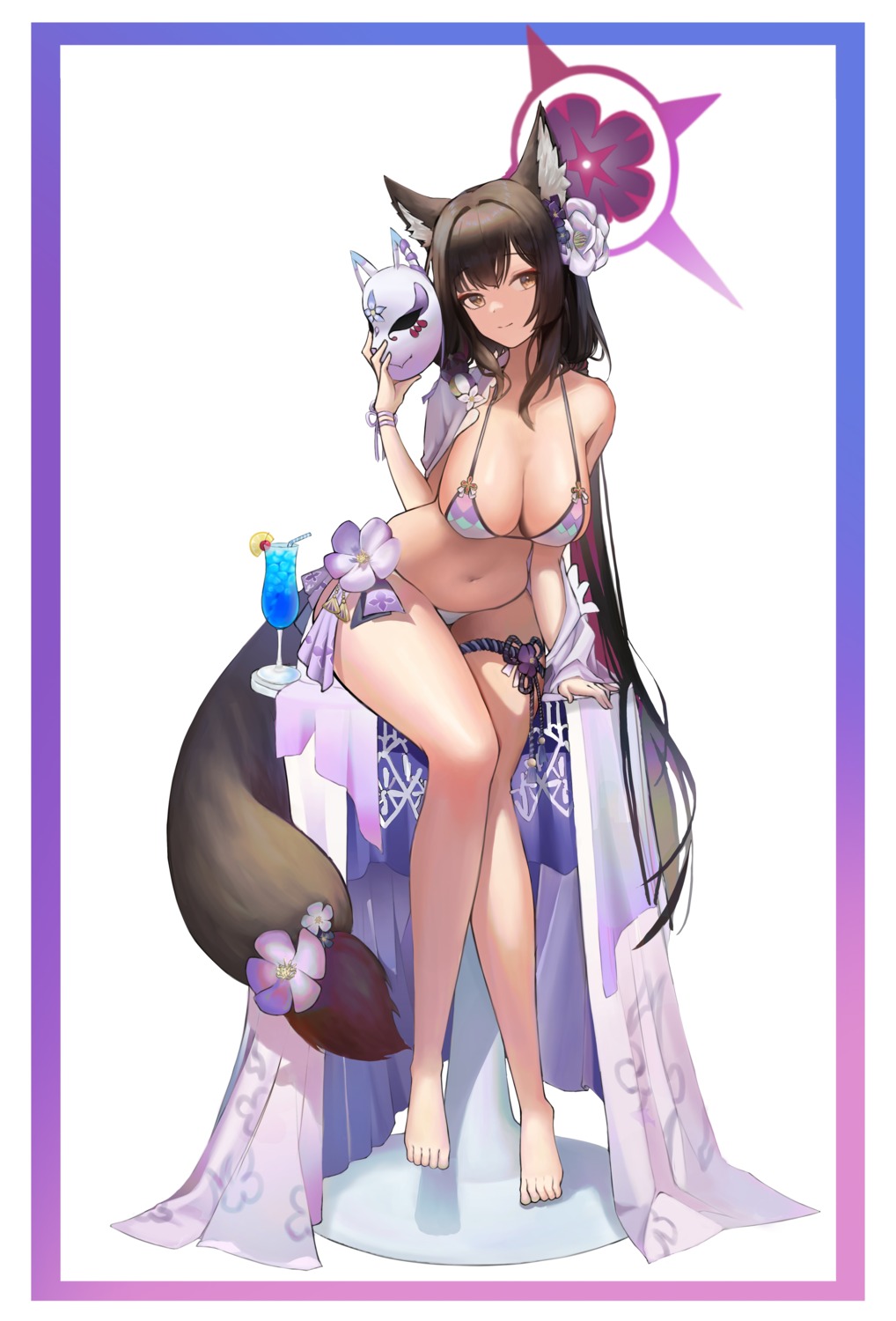 $hu animal_ears bikini blue_archive garter halo japanese_clothes kitsune kosaka_wakamo swimsuits tail