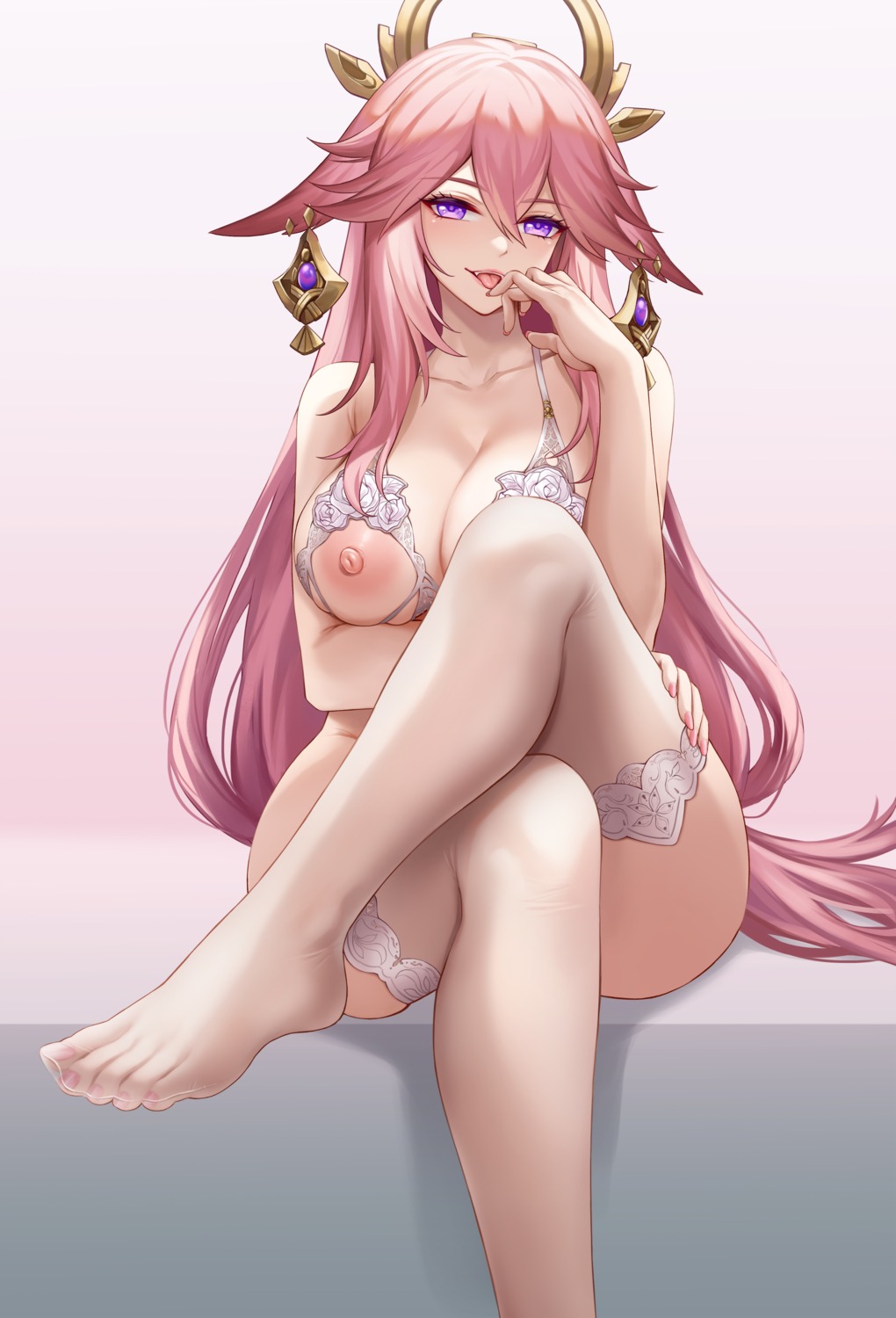 animal_ears bottomless bra feet genshin_impact kacyu kitsune lingerie nipples tail thighhighs yae_miko