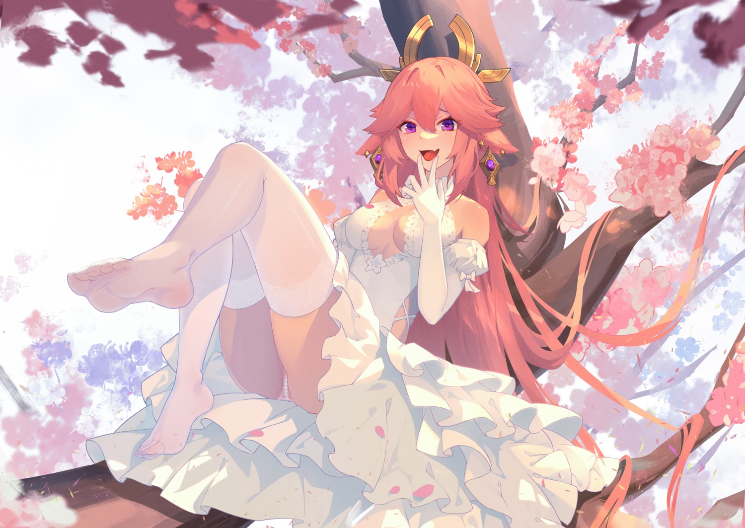 dress feet genshin_impact heiyizhushenxia no_bra pantsu skirt_lift thighhighs thong wedding_dress yae_miko