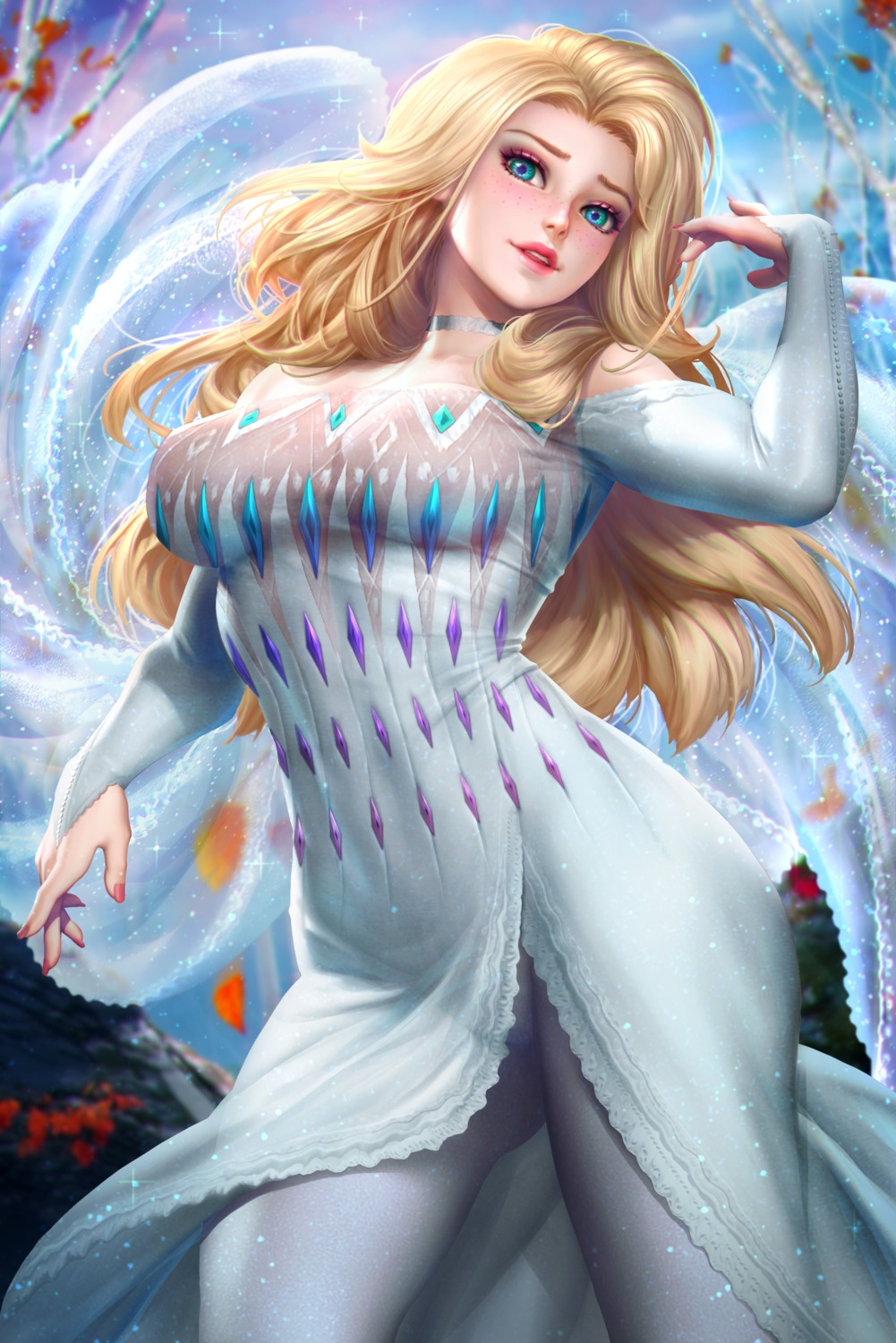 dress elsa_(frozen) frozen no_bra nudtawut_thongmai pantsu pantyhose see_through skirt_lift