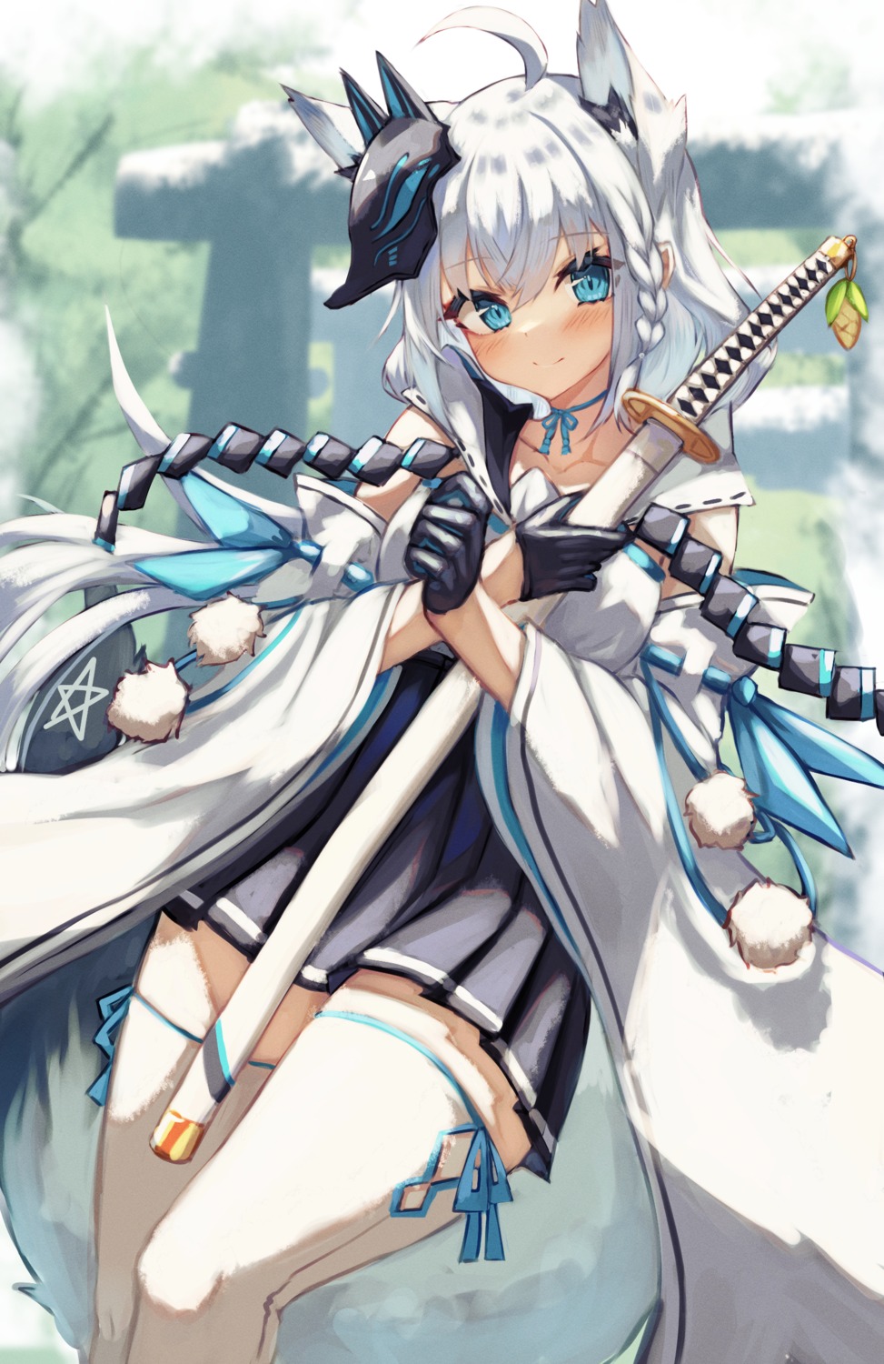 animal_ears hololive hololive_gamers inre_kemomimi japanese_clothes kitsune shirakami_fubuki sword tail thighhighs