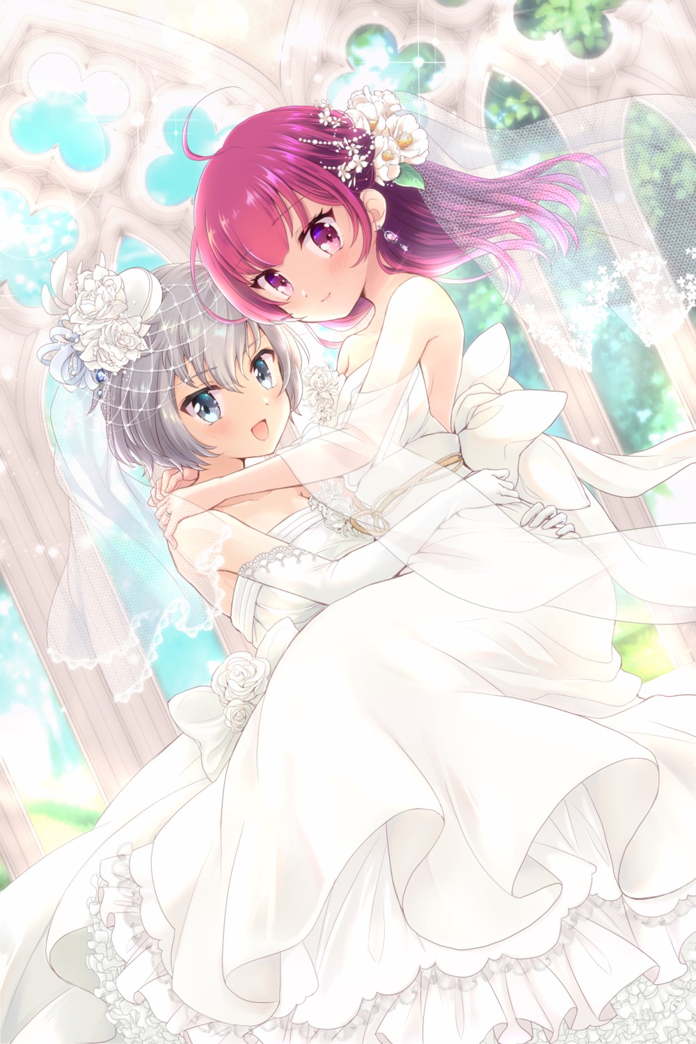 Naga Pixiv Magia Record Mahou Shoujo Madoka Magica Gaiden Puella Magi Madoka Magica Shinobu Akira Magia Record Mahou Shoujo Madoka Magica Gaiden Tokiwa Nanaka Dress No Bra Wedding Dress Yuri