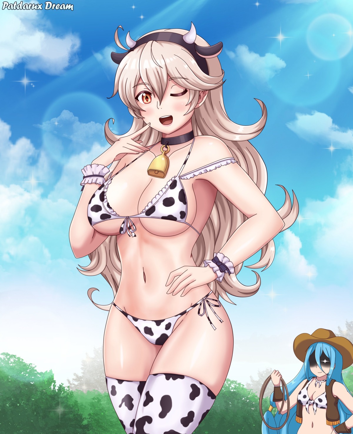 animal_ears aqua_(fire_emblem) bikini corrin_(fire_emblem)_(female) fire_emblem fire_emblem_if horns kamui_(fire_emblem) open_shirt patdarux swimsuits tail thighhighs yuri