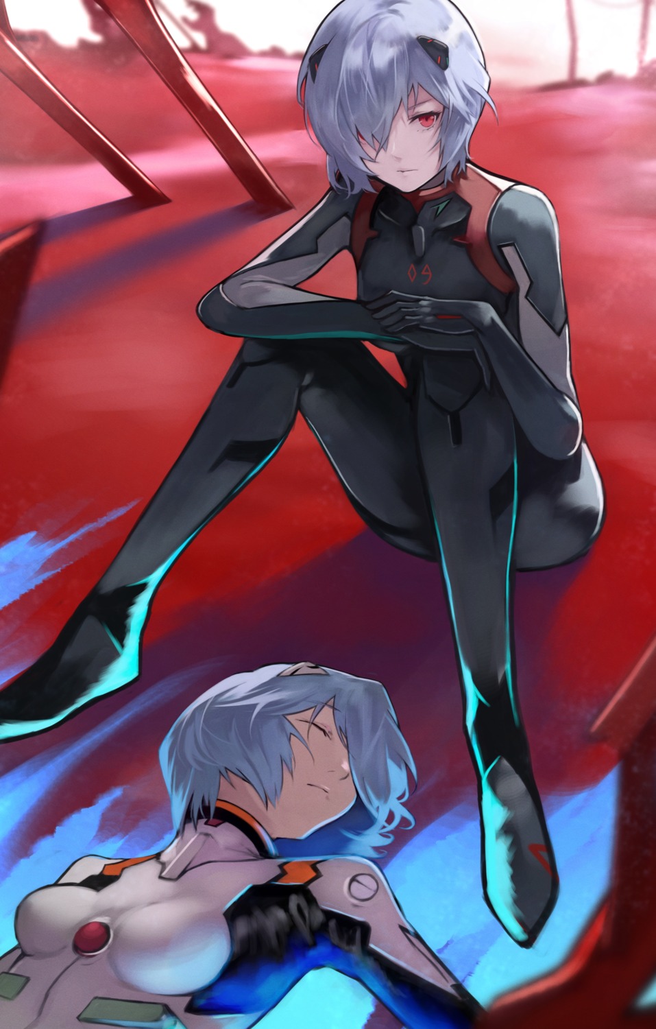 ayanami_rei bodysuit neon_genesis_evangelion weapon yoshio_(55level)