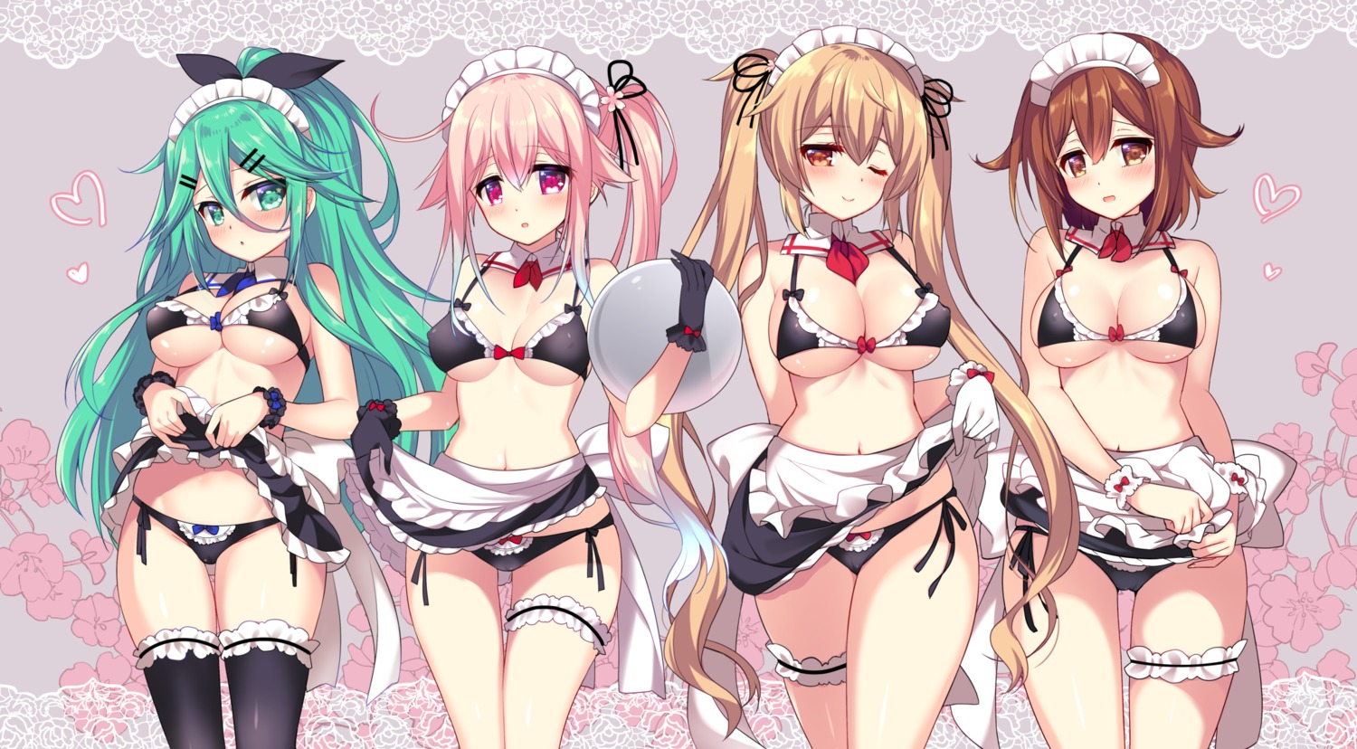 bikini cleavage erect_nipples garter harusame_(kancolle) kantai_collection maid murasame_(kancolle) ringo_sui shiratsuyu_(kancolle) skirt_lift swimsuits thighhighs underboob yamakaze_(kancolle)