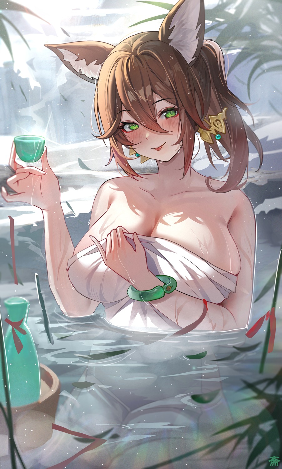 animal_ears bathing honkai:_star_rail onsen sake tansuan_(ensj3875) tingyun towel wet