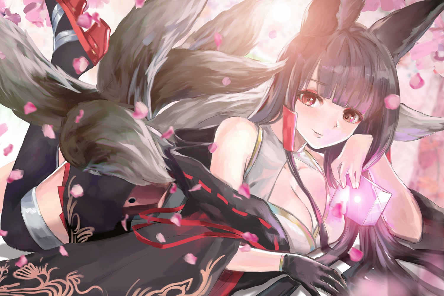 akagi_(azur_lane) animal_ears azur_lane cleavage heels japanese_clothes kitsune nasu_(luliice1014) tail thighhighs