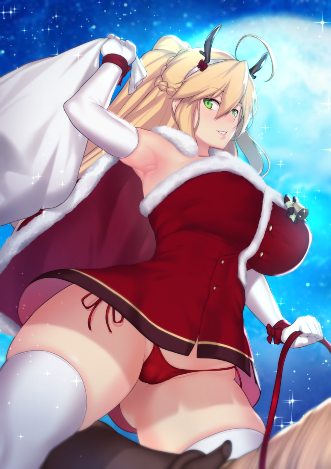 artoria_pendragon_(lancer) aster_crowley cameltoe christmas dress fate/grand_order horns pantsu skirt_lift string_panties thighhighs