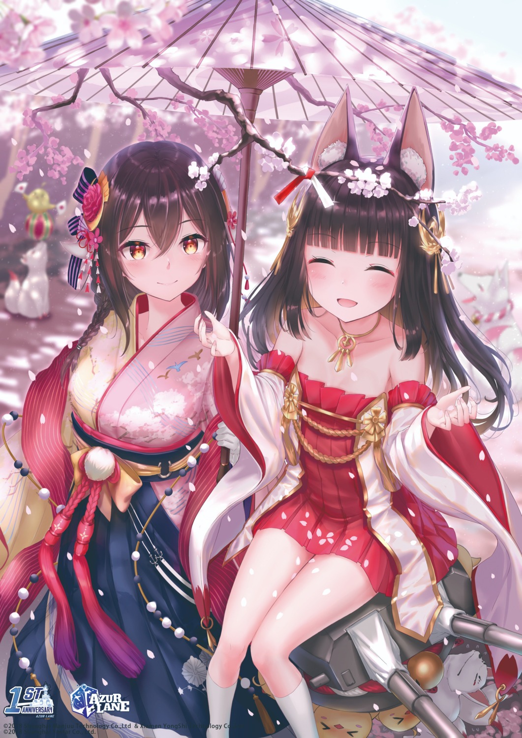 animal_ears azur_lane cleavage japanese_clothes kachiyori mikasa_(azur_lane) nagato_(azur_lane) umbrella