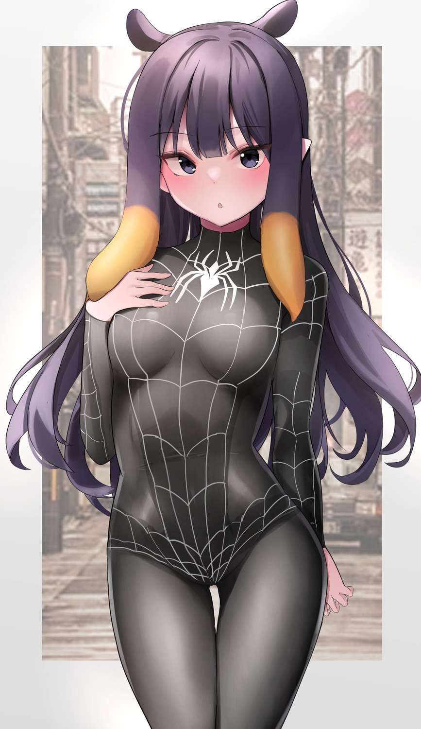 animal_ears bodysuit cosplay hololive hololive_english kall_(wv0102) marvel ninomae_ina'nis pointy_ears spiderman spiderman_(character)