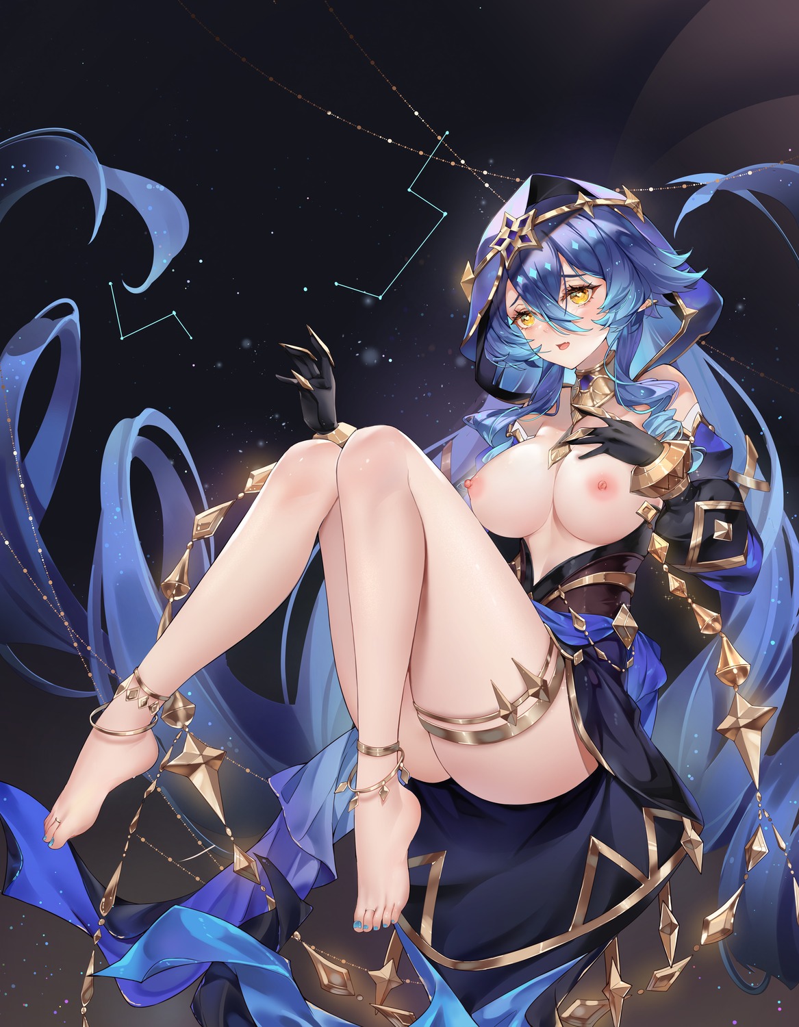 breasts feet garter genshin_impact layla_(genshin_impact) melailai nipples no_bra pointy_ears