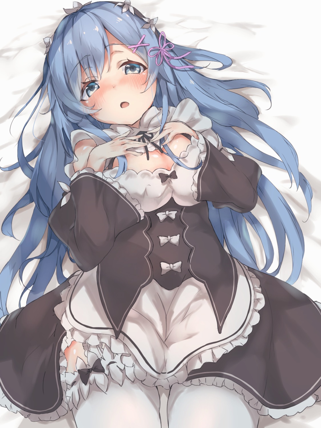 breast_hold cleavage junemarch0603 maid re_zero_kara_hajimeru_isekai_seikatsu rem_(re_zero) skirt_lift thighhighs