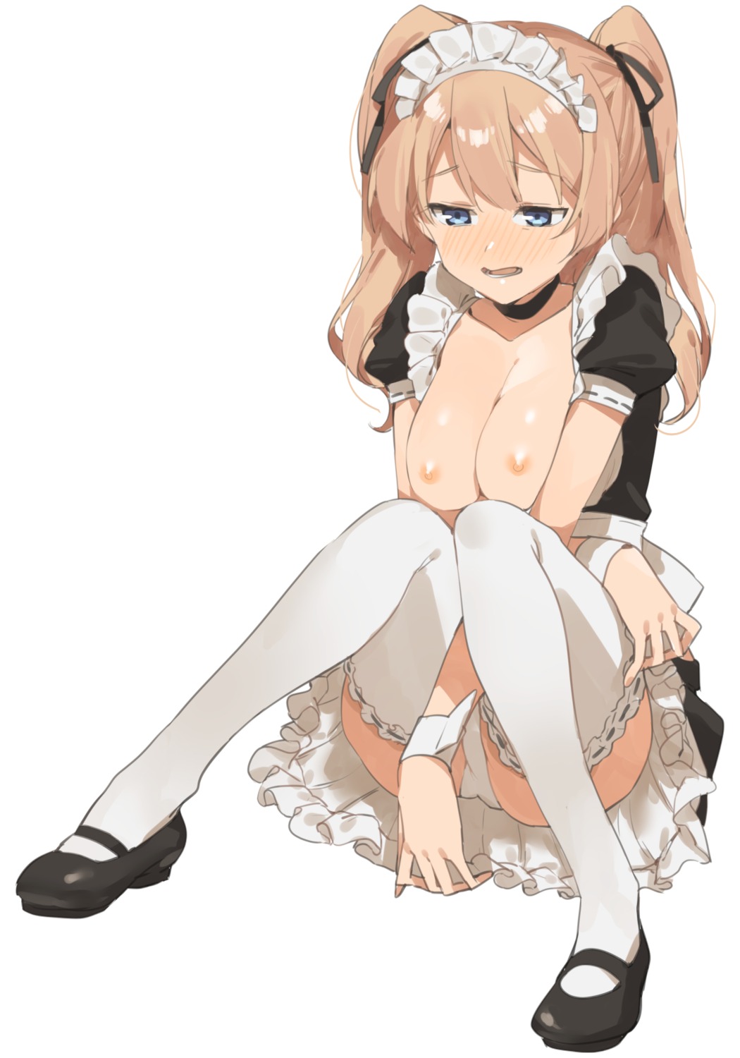 breast_hold breasts heels maid monotiina nipples no_bra open_shirt pantsu thighhighs