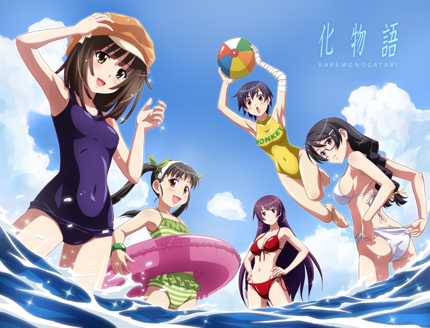 ass bakemonogatari bikini cleavage hachikuji_mayoi hanekawa_tsubasa kanbaru_suruga megane monogatari_(series) nakajima_akihiko school_swimsuit sengoku_nadeko senjougahara_hitagi swimsuits wet