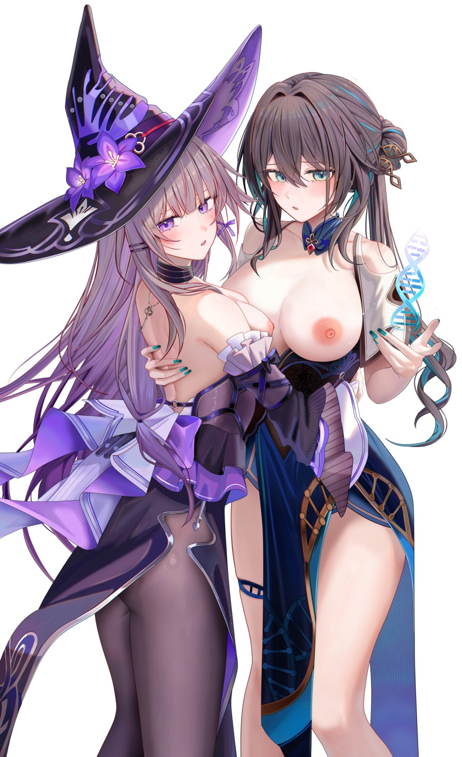 asian_clothes breasts dress garter herta honkai:_star_rail nipples no_bra pantyhose ru_zhai ruan_mei skirt_lift symmetrical_docking witch yuri