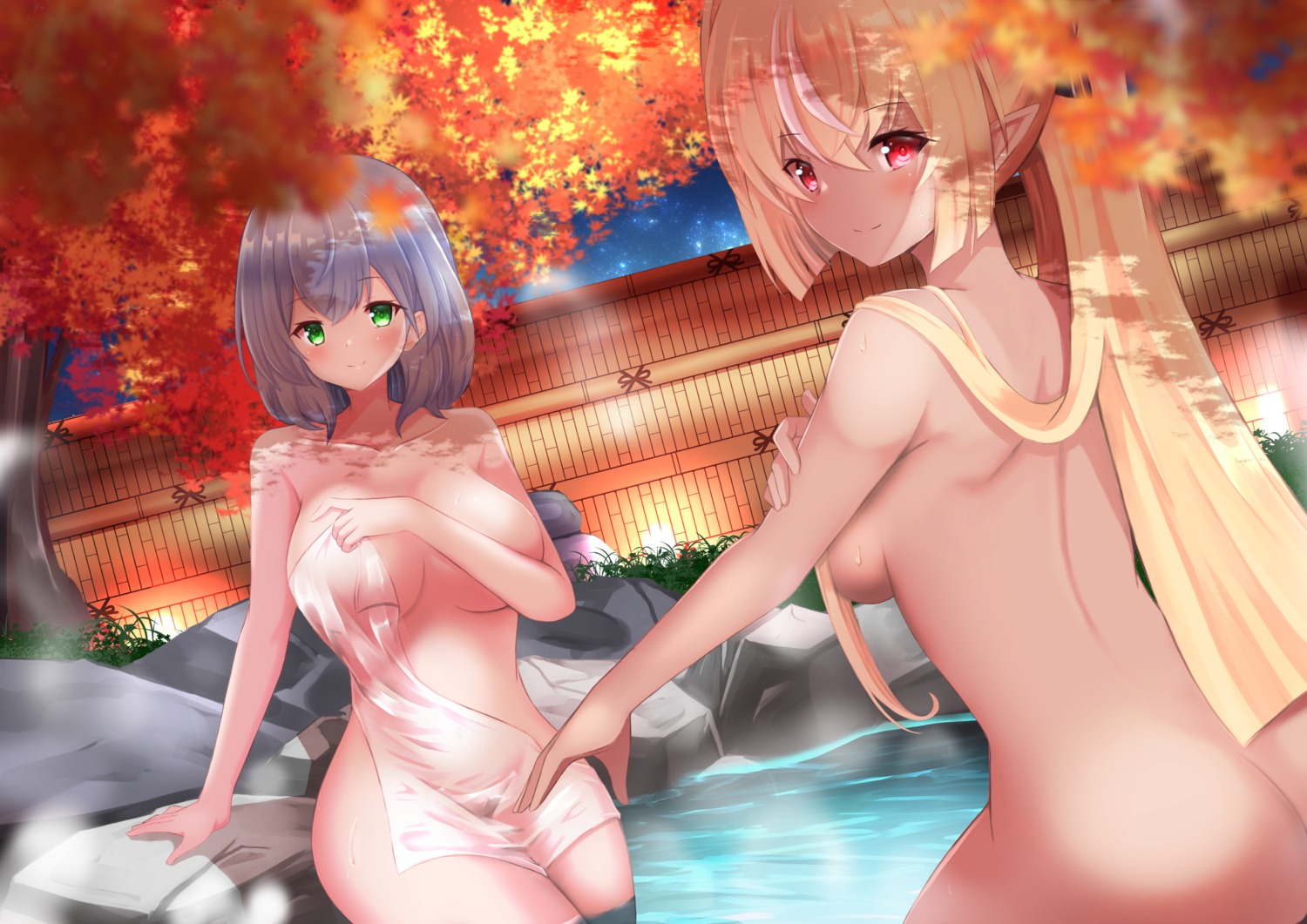 ass breast_hold elf hololive naked onsen pointy_ears pubic_hair shibakame shiranui_flare shirogane_noel towel wet