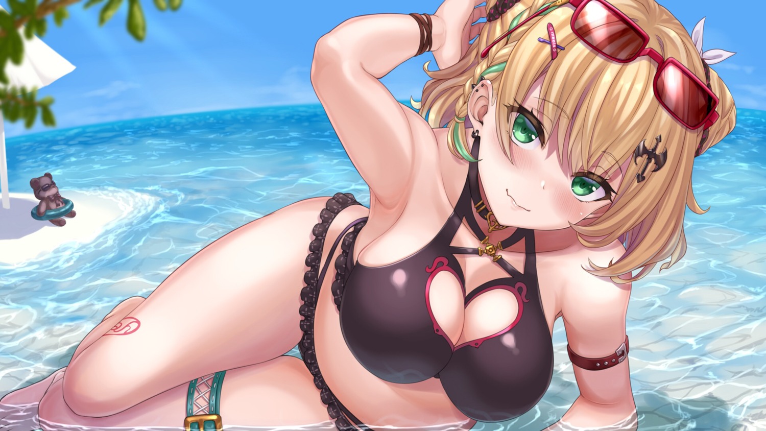 bikini garter iris_black_games kurumi_noah megane sengoku_aky swimsuits tattoo vspo! wallpaper wet