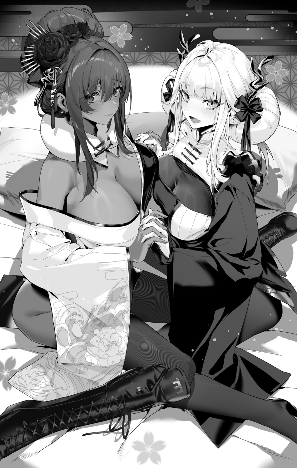 bankongping blanc_(nikke) goddess_of_victory:_nikke horns japanese_clothes monochrome no_bra noir_(nikke) open_shirt pantyhose symmetrical_docking