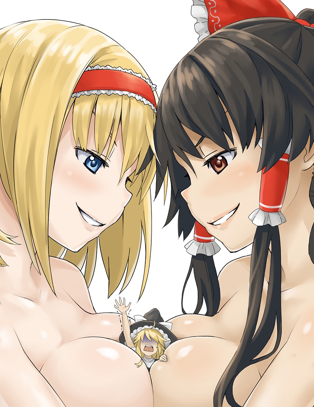 alice_margatroid hakurei_reimu kirisame_marisa kurou_(artist) naked symmetrical_docking touhou witch