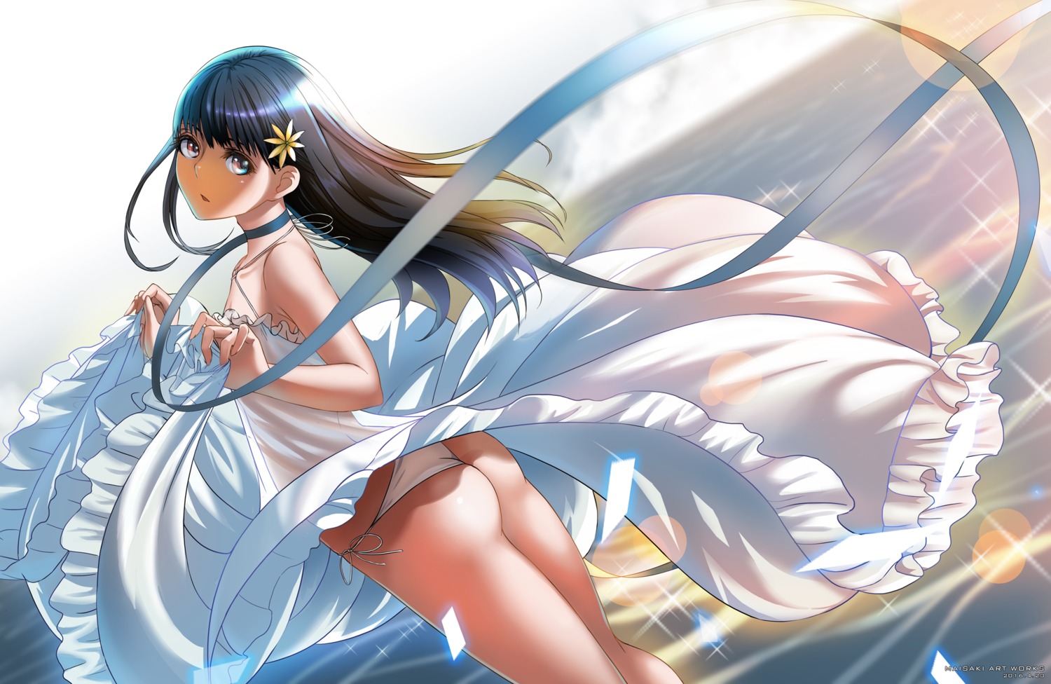 ass crossdress dress maisaki no_bra pantsu see_through skirt_lift string_panties summer_dress trap