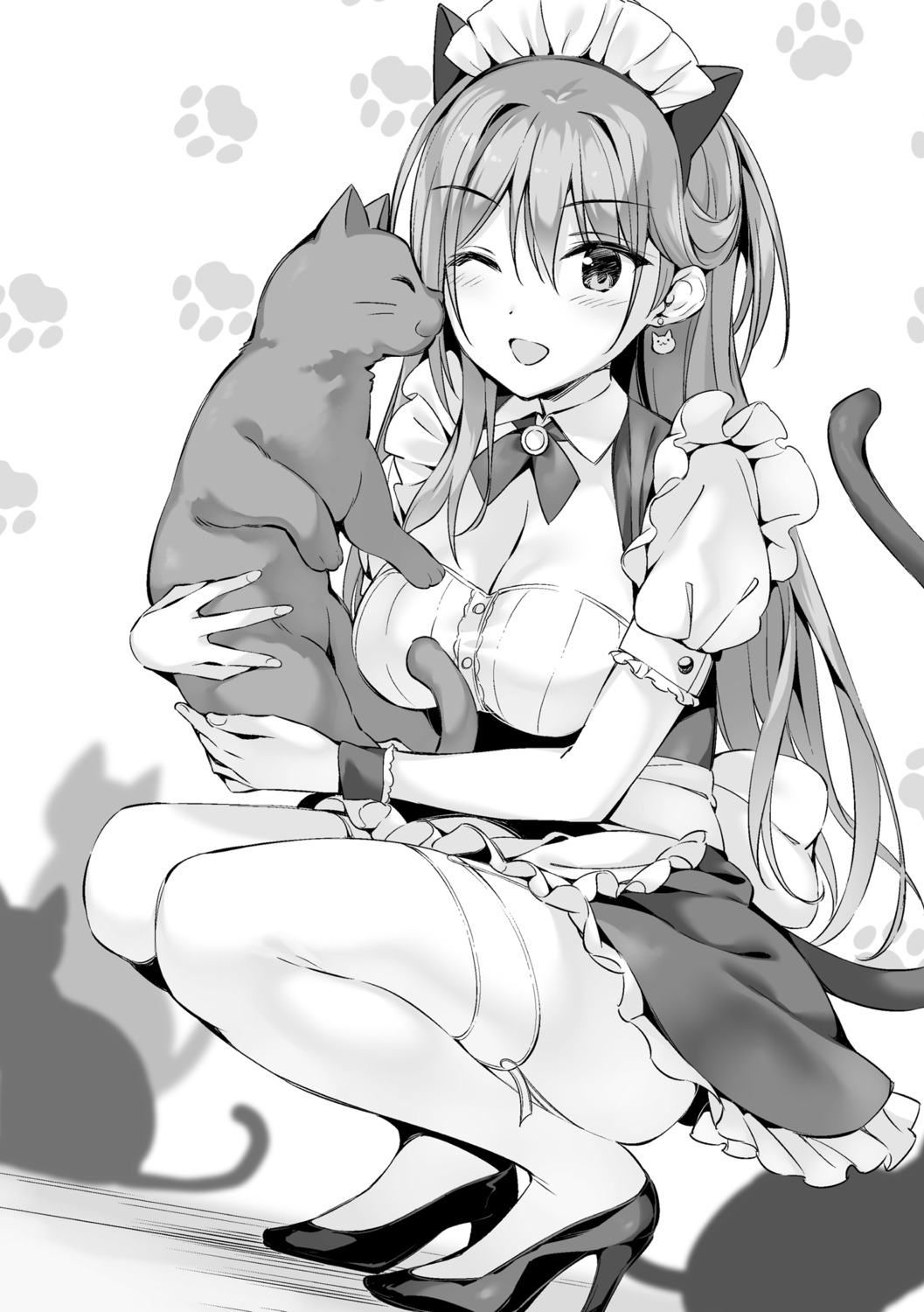 animal_ears boku_no_kanojo_sensei fujiki_maka heels maid monochrome neko nekomimi oryou skirt_lift stockings tail thighhighs