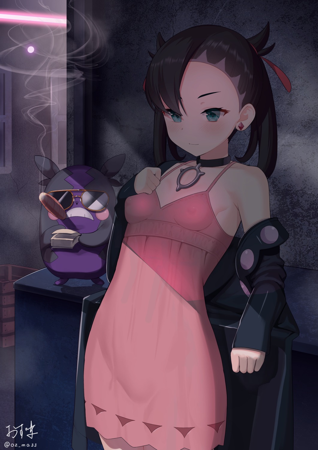 breast_hold dress erect_nipples mary_(pokemon) no_bra oz_(user_zakk5472) pokemon pokemon_sword_and_shield