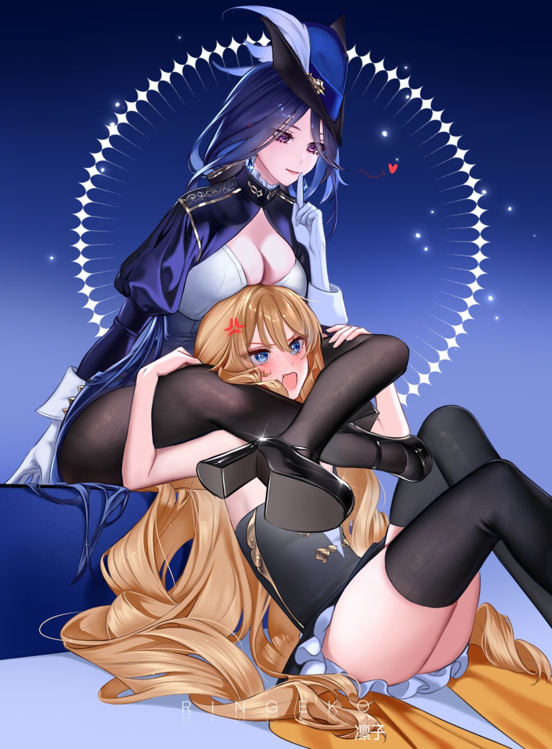 clorinde dress genshin_impact heels navia pantyhose ringeko-chan skirt_lift thighhighs yuri