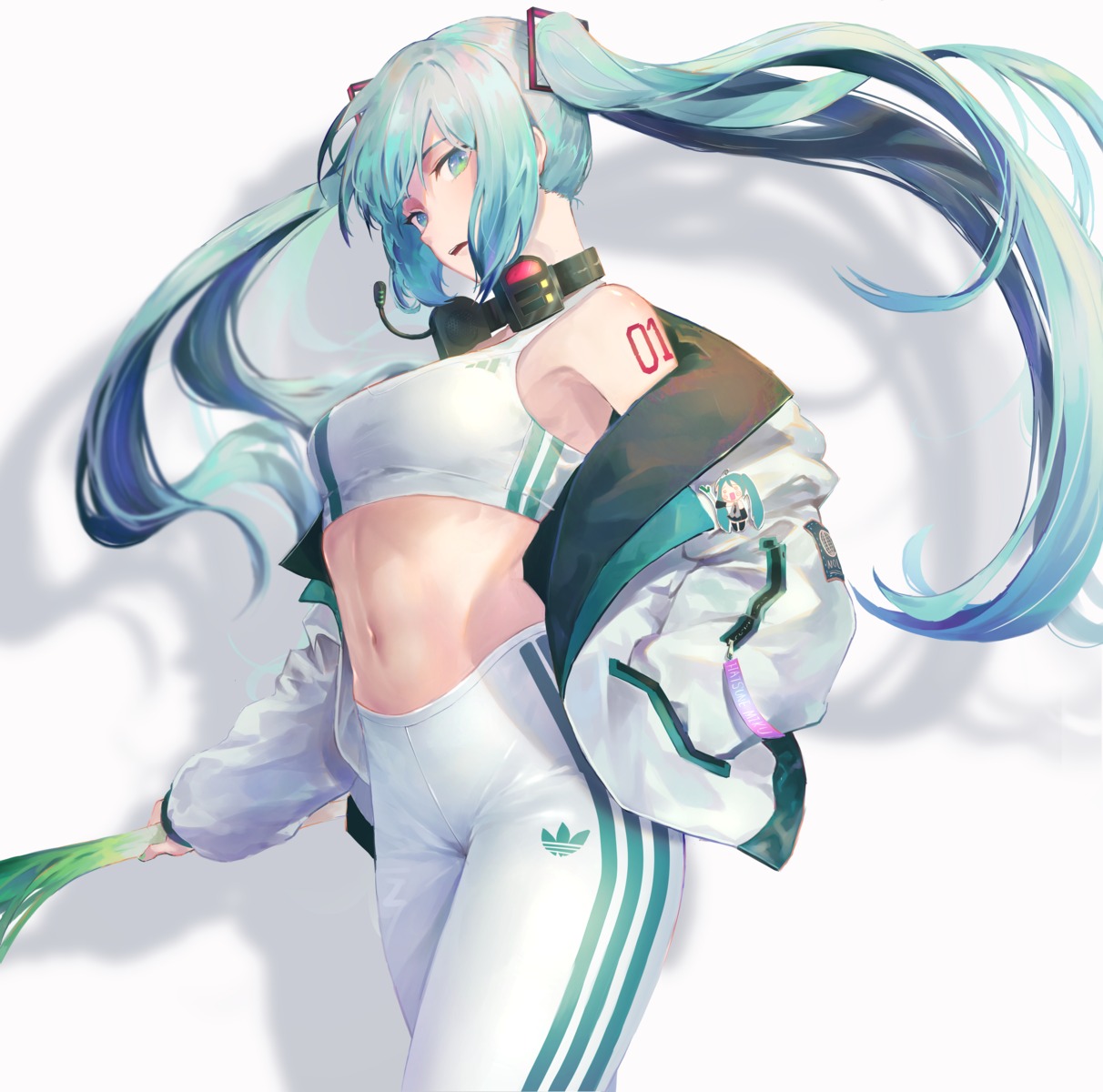 bra gym_uniform hatsune_miku headphones open_shirt pigone tattoo vocaloid