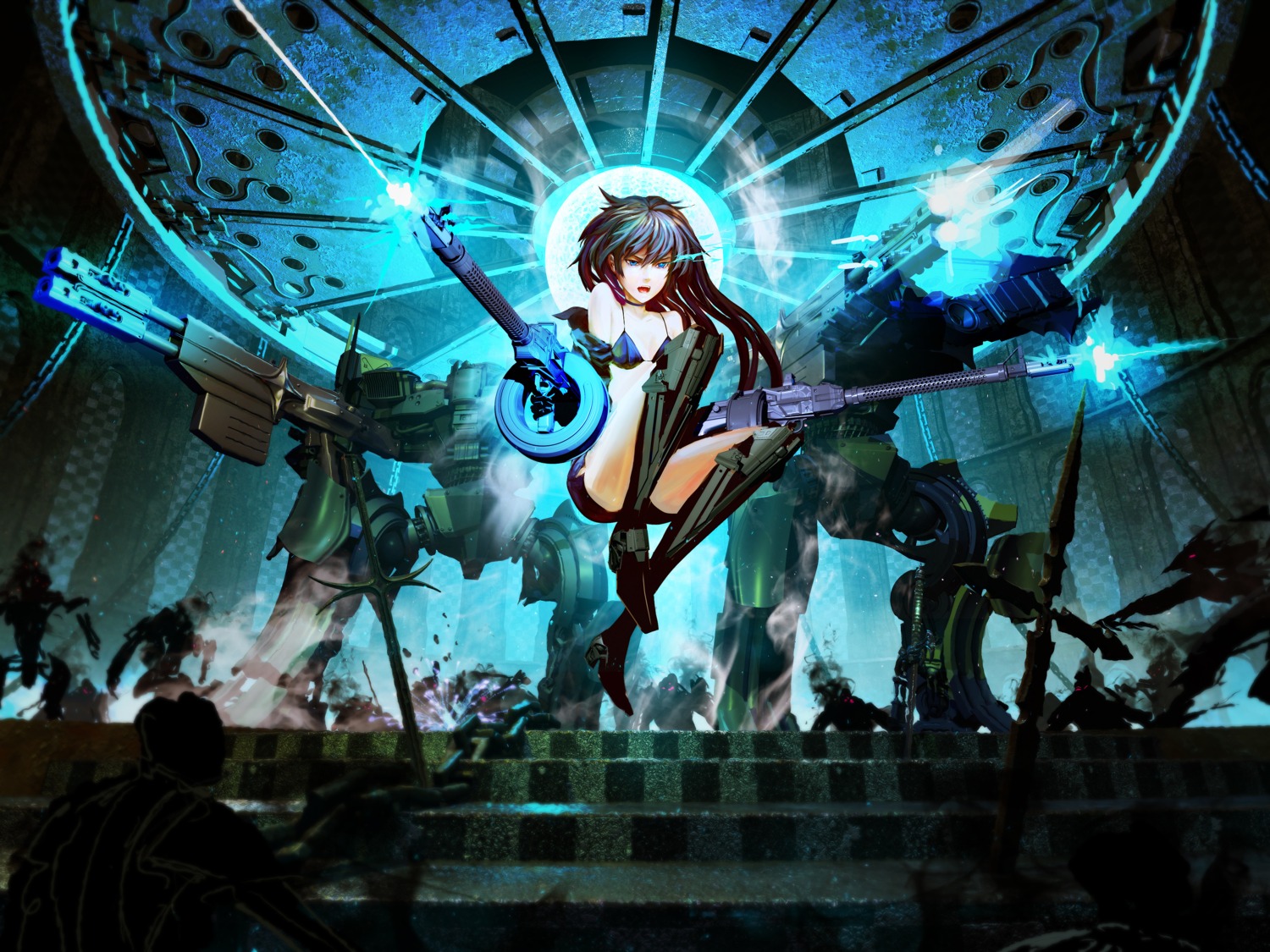 arsenixc bikini_top black_rock_shooter black_rock_shooter_(character) gun mecha swimsuits vocaloid