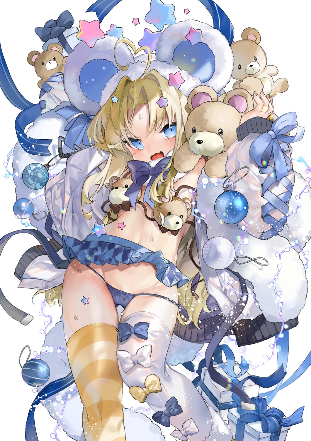 aano_(10bit) animal_ears bra cameltoe christmas loli open_shirt pantsu skirt_lift thighhighs wardrobe_malfunction