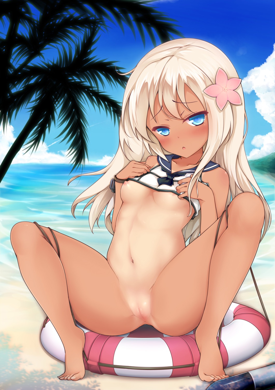 anus bottomless chiyami kantai_collection loli nipples no_bra pussy ro-500 seifuku shirt_lift tan_lines