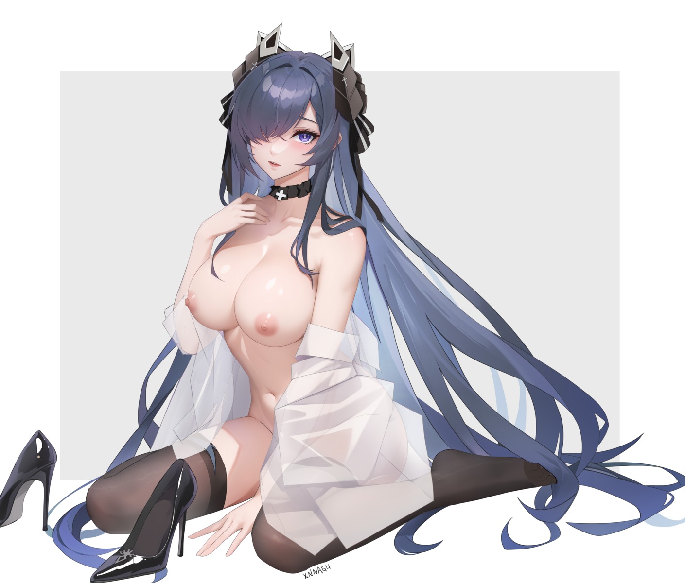 august_von_parseval_(azur_lane) azur_lane breasts heels horns nipples no_bra open_shirt see_through syngeloussier thighhighs