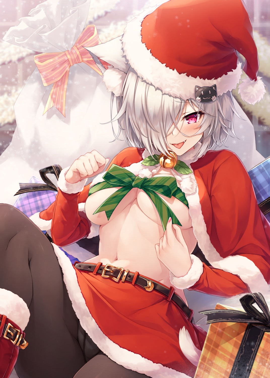 animal_ears cameltoe christmas hasumi_(hasubatake39) nekomimi no_bra pantsu pantyhose skirt_lift tail