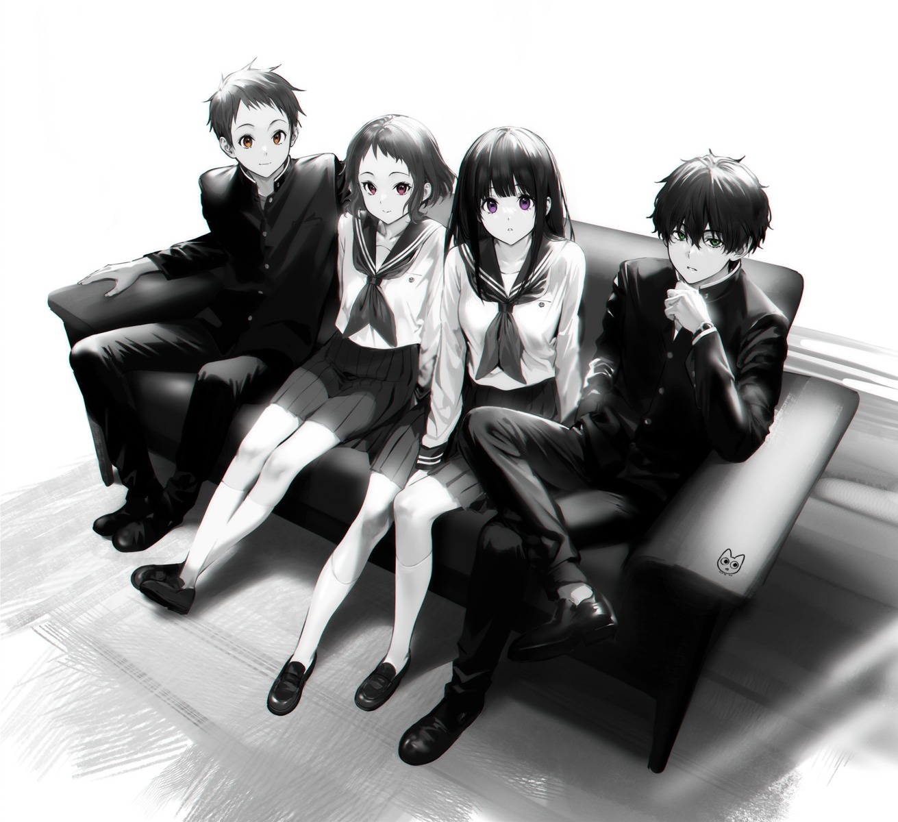 chitanda_eru fukube_satoshi hyouka ibara_mayaka mery_(yangmalgage) monochrome oreki_houtarou seifuku