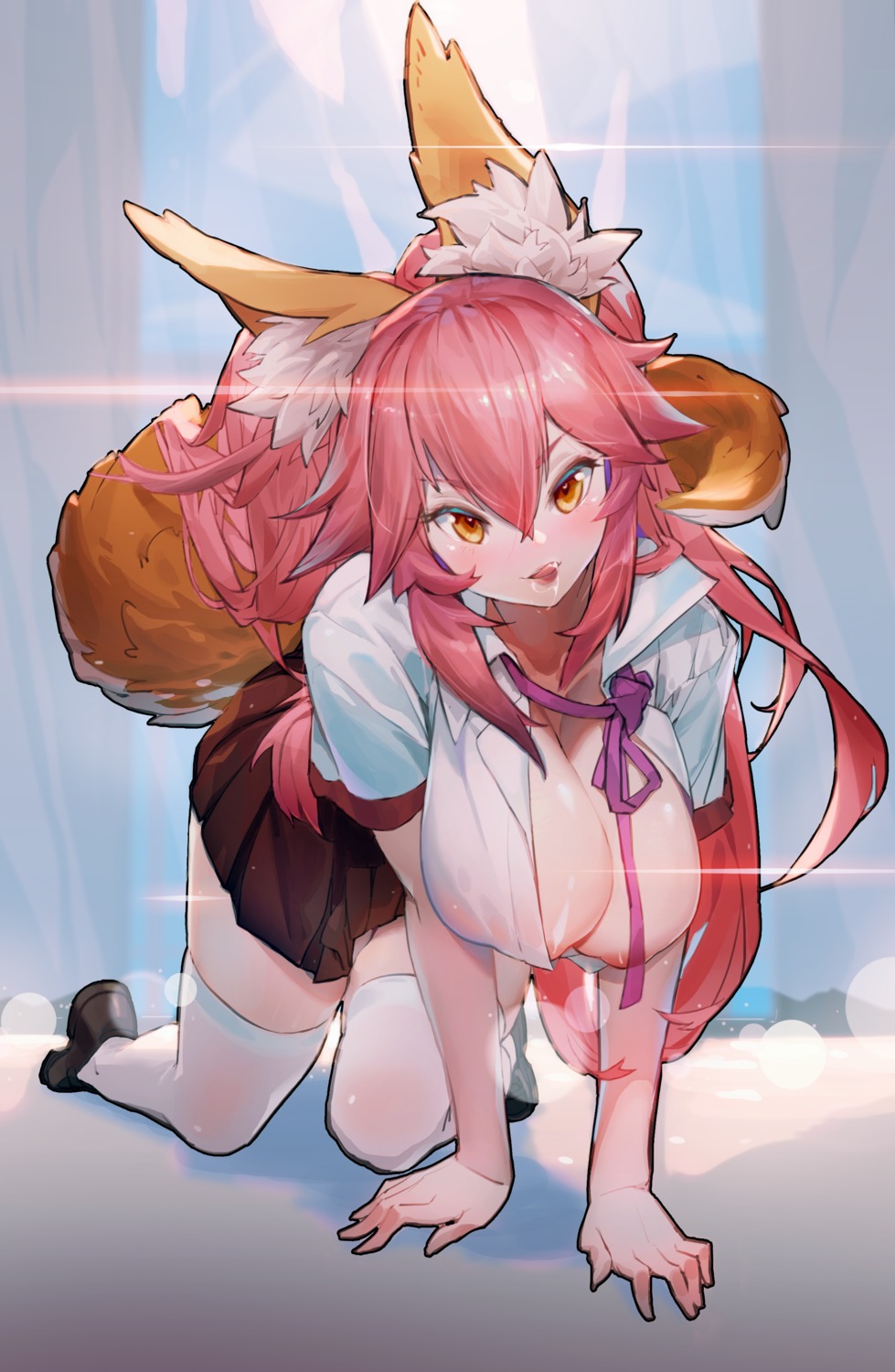 animal_ears breasts fate/grand_order kitsune nipples no_bra nox13 open_shirt see_through seifuku tail tamamo_no_mae thighhighs