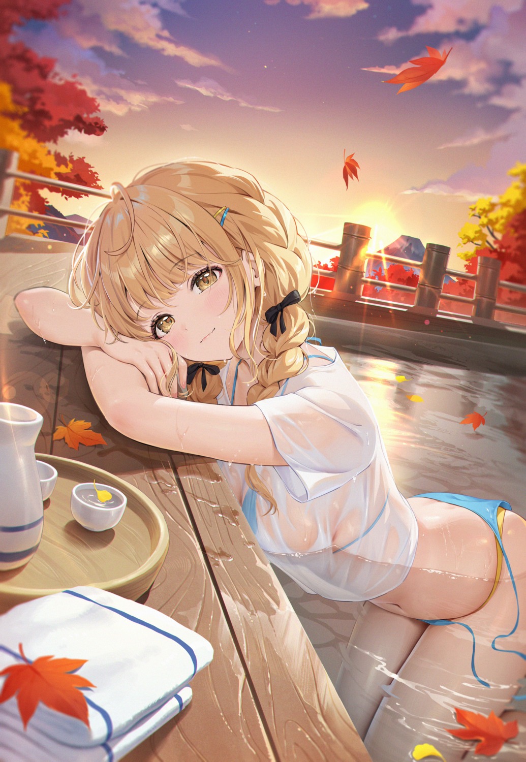 bathing bikini fujita_kotone gakuen_idolm@ster houkisei onsen panty_pull sake see_through swimsuits the_idolm@ster wet wet_clothes