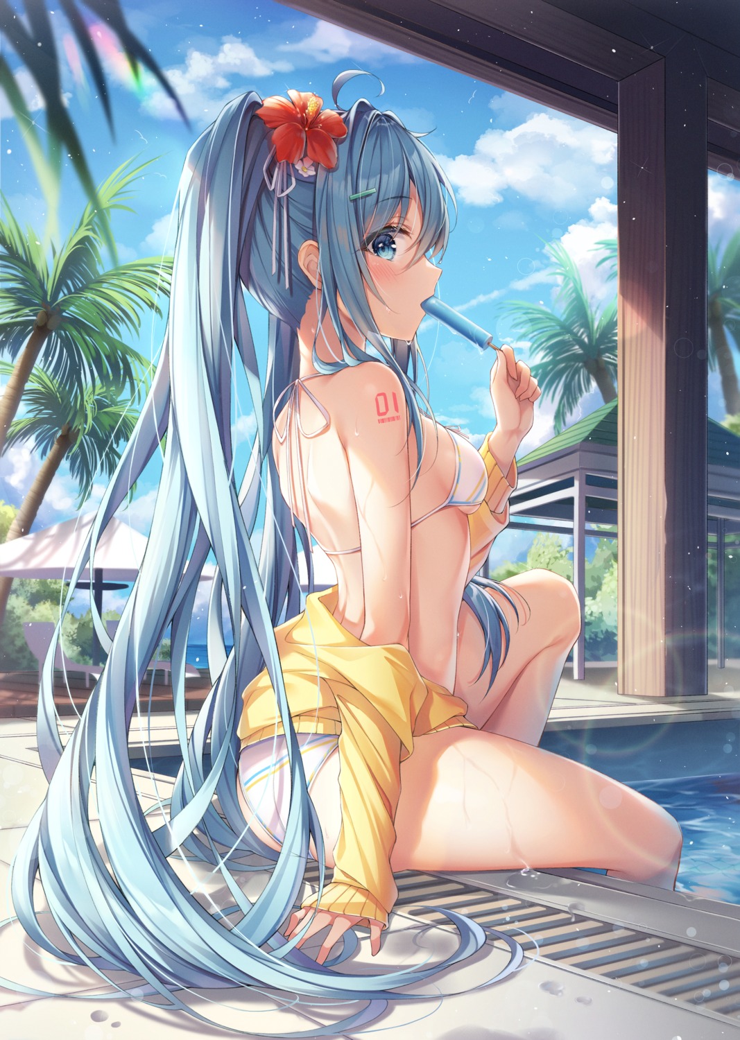 ass bikini dangmyo hatsune_miku open_shirt swimsuits tattoo underboob vocaloid wet