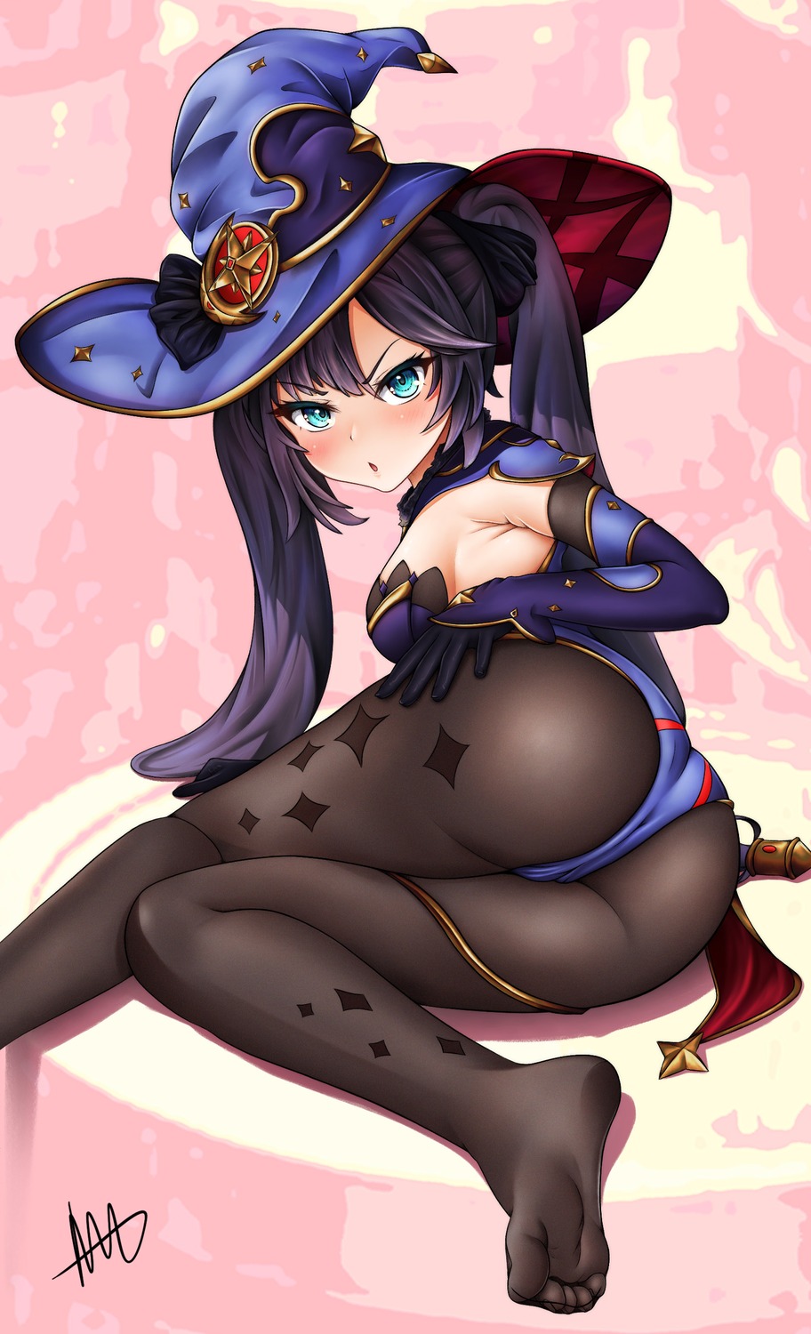 ass feet garter genshin_impact leotard mona_megistus pantyhose succuboi witch