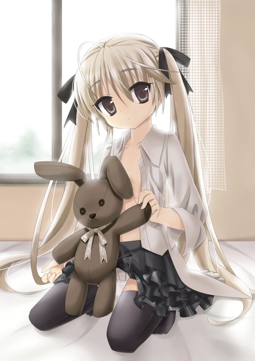 dress_shirt kasugano_sora loli no_bra open_shirt pantsu silveroid skirt_lift thighhighs yosuga_no_sora