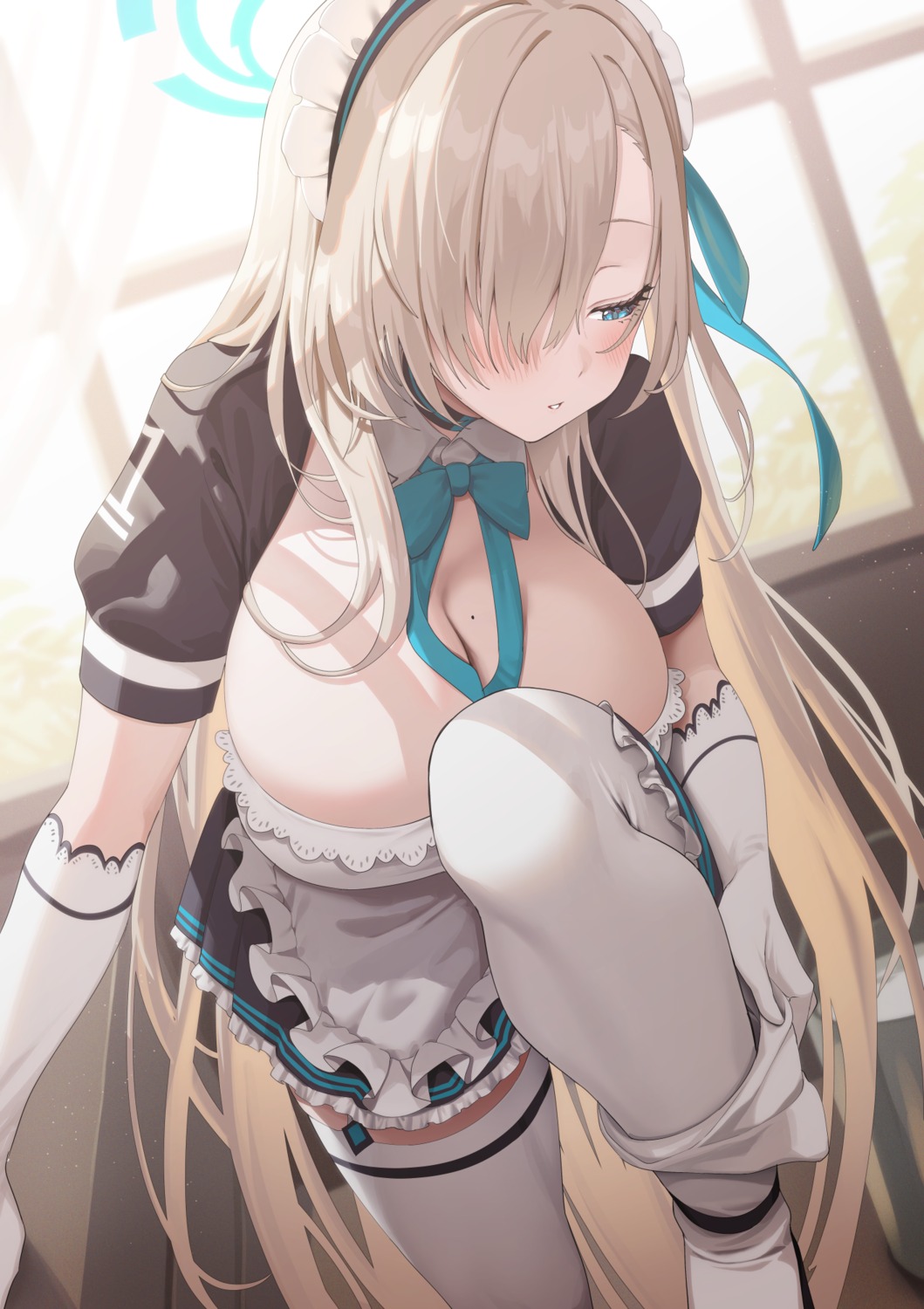 alpha_(ypalpha79) blue_archive halo ichinose_asuna maid no_bra pantsu panty_pull thighhighs undressing