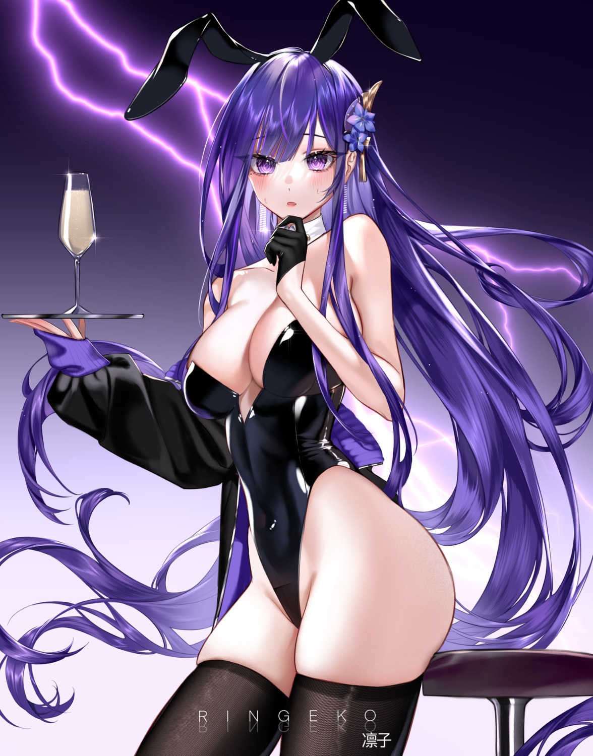 animal_ears bunny_ears bunny_girl genshin_impact no_bra raiden_shogun ringeko-chan thighhighs